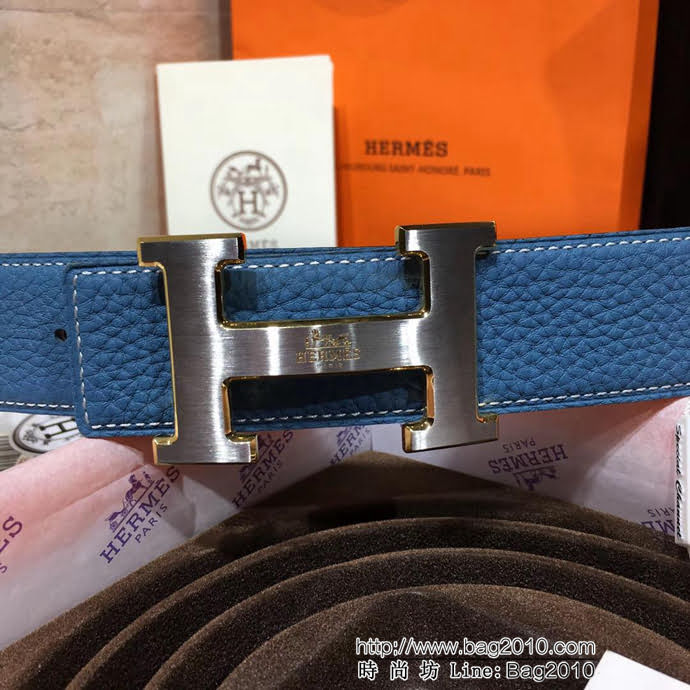 HERMES愛馬仕 藍色荔枝紋 義大利進口小牛皮 精鋼扣頭 男款皮帶  xfp1110